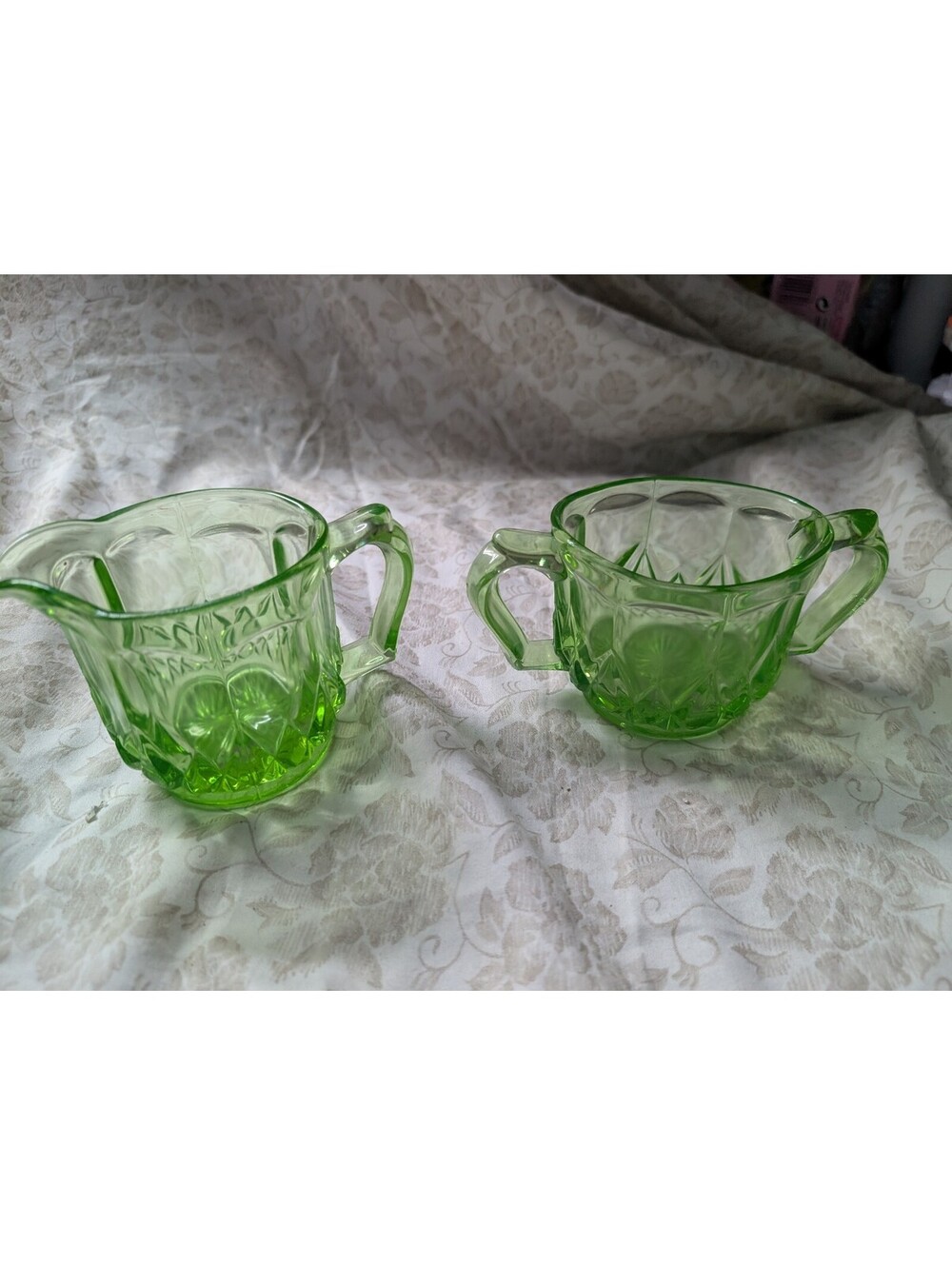 Vintage Green Depression Glass Creamer and Sugar Bowl Set